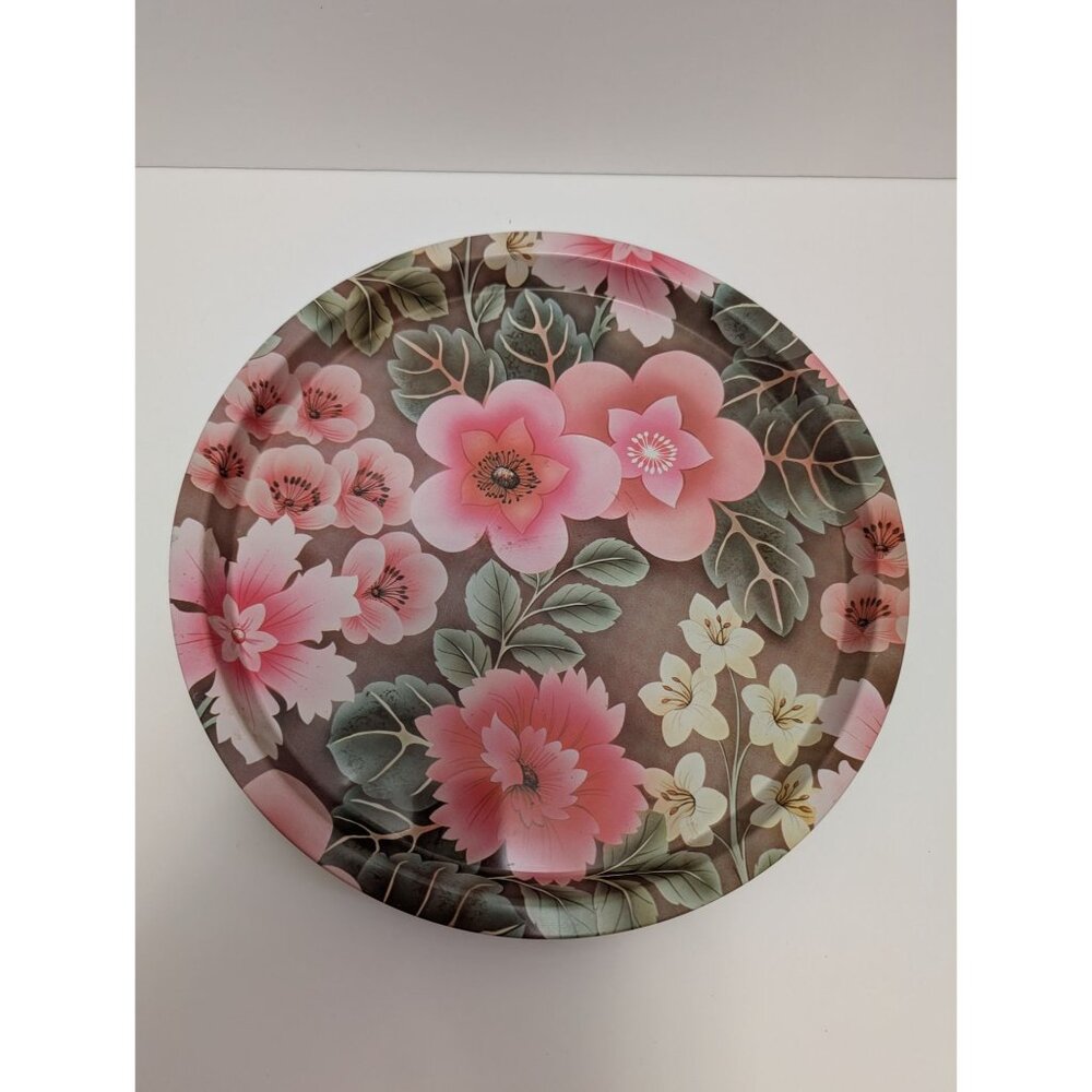 Vintage Floral Metal Tray Made In Britain Round 12" Diameter Pink Yellow Retro